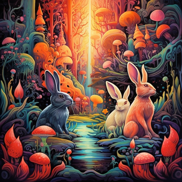 there are two rabbits sitting in the middle of a forest generative ai