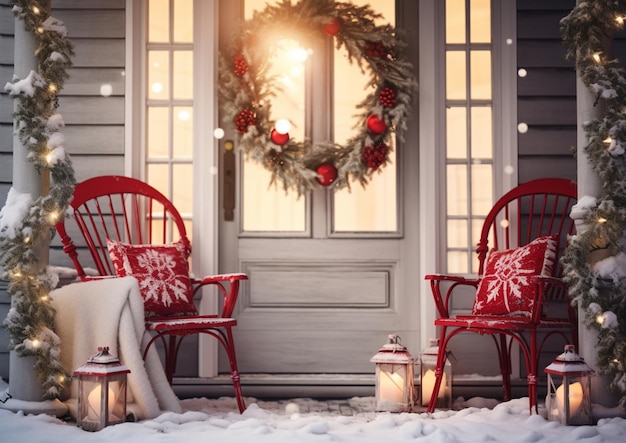 There are two red chairs sitting on the snow outside of a house generative ai