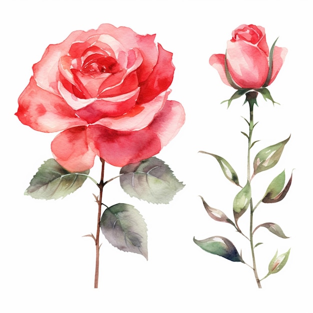 There are two roses that are painted in watercolor on a white background generative ai