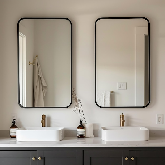 Photo there are two sinks in the bathroom with two mirrors above them generative ai