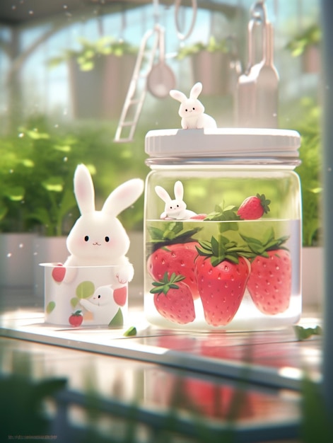 There are two small plastic rabbits sitting in a jar of strawberries generative ai