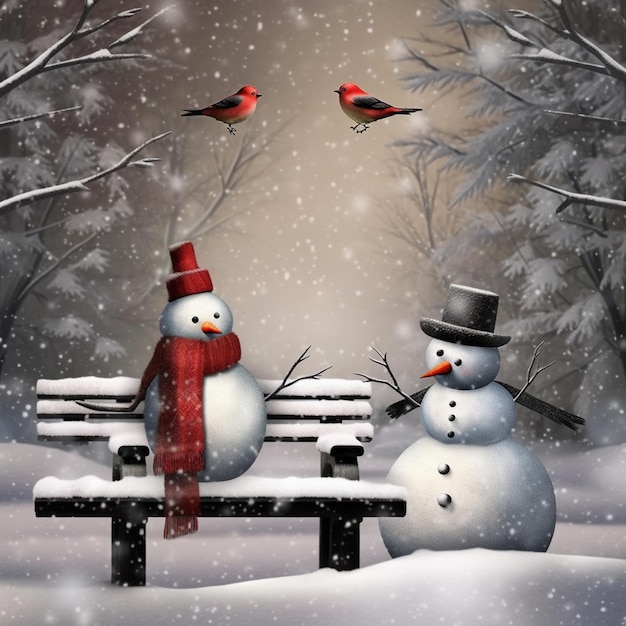 there are two snowmen sitting on a bench in the snow generative ai