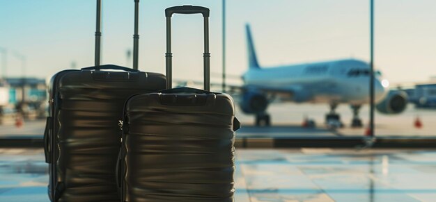 Photo there are two suitcases sitting on the ground in front of a plane generative ai