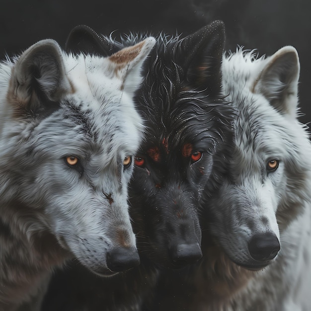 Photo there are two white and black wolfs with red eyes