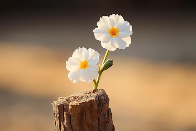 There are two white flowers that are on a stem