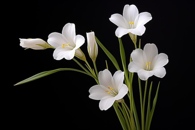 There are two white flowers that are on a stem