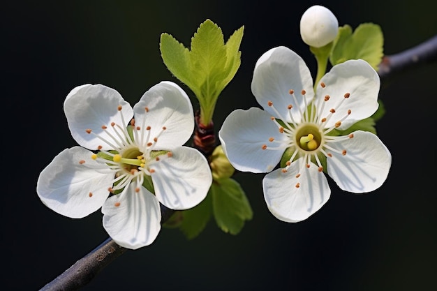 There are two white flowers that are on a stem