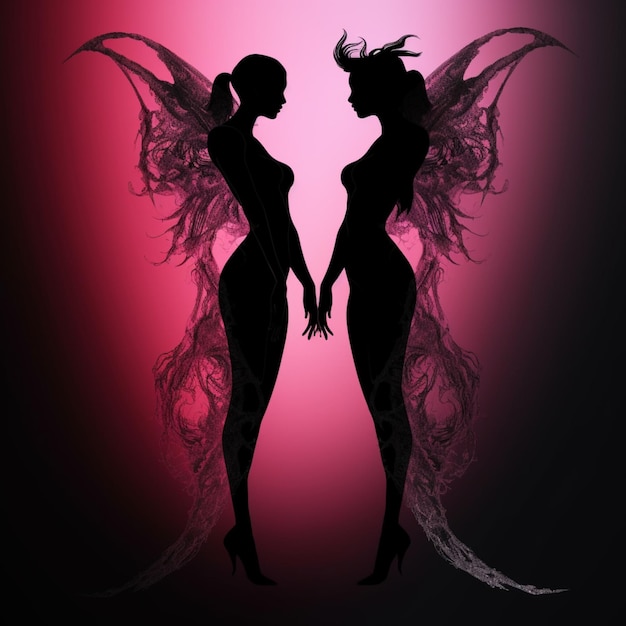 There are two women in silhouette with wings on their heads generative ai