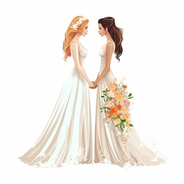 There are two women in wedding dresses holding hands generative ai