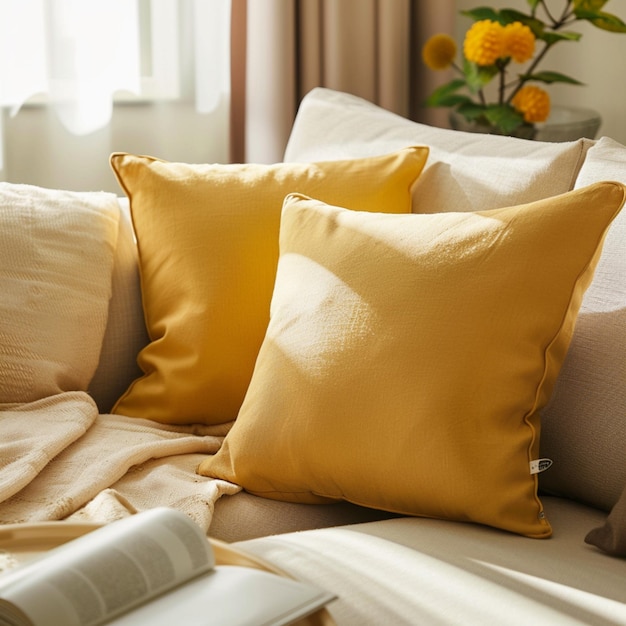 there are two yellow pillows on a white couch with a book generative ai