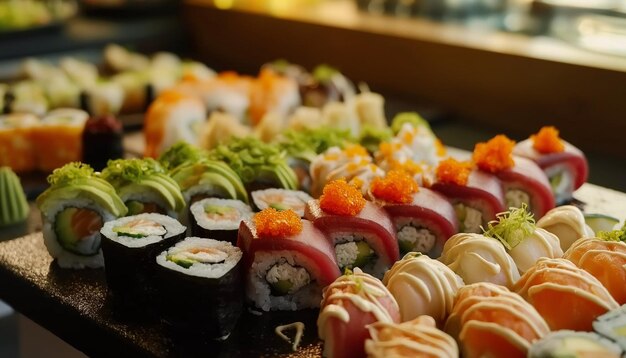 There are various types of sushi in the tray set