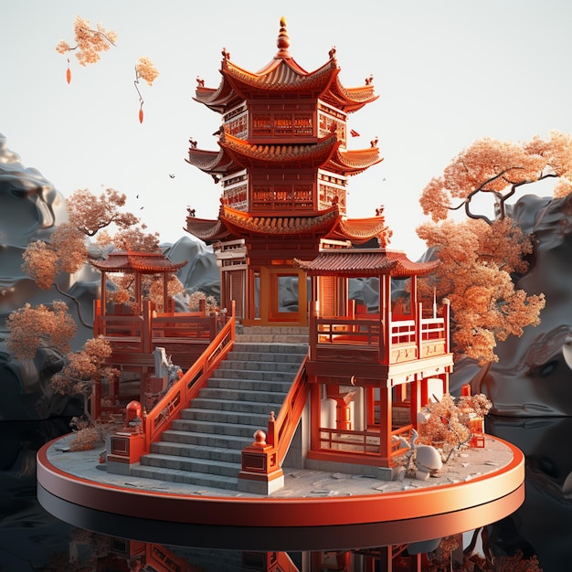 there is a 3d image of a pagoda in the middle of a lake generative ai