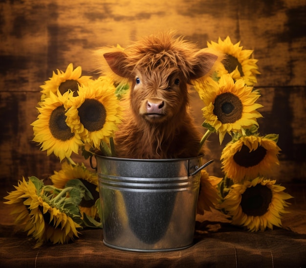 there is a baby cow sitting in a bucket with sunflowers generative ai