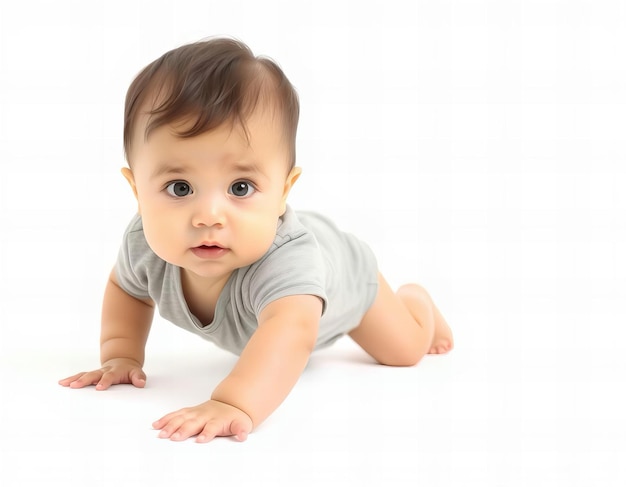 There is a baby crawling on the floor with a toothbrush in his mouth