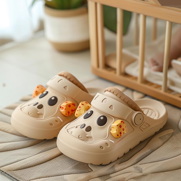 Photo there is a baby in a crib with a pair of shoes on it generative ai