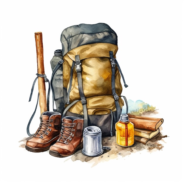 There is a backpack and a pair of hiking boots on the ground generative ai