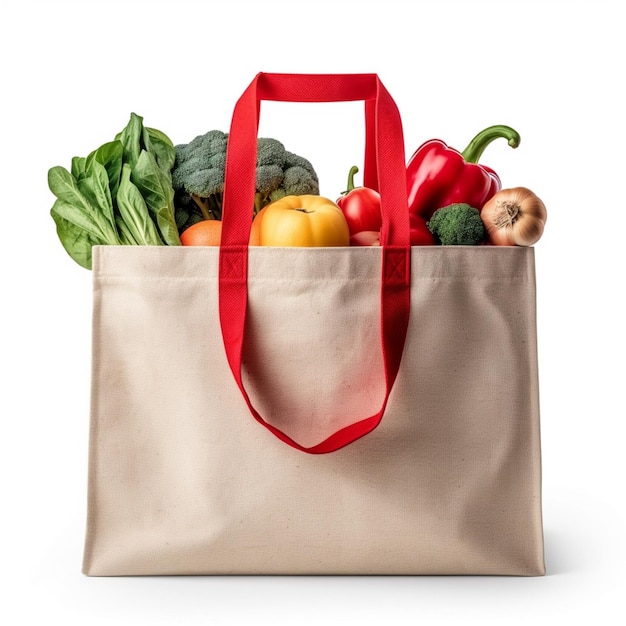 There is a bag full of vegetables and fruits on a white background generative ai