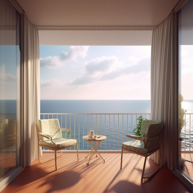 There is a balcony with a chair and a table with a view generative ai