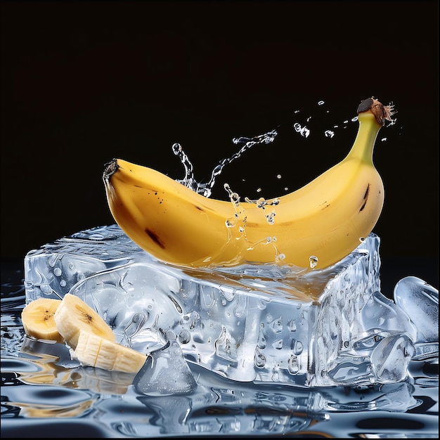 Photo there is a banana and a banana peel on ice with water splash