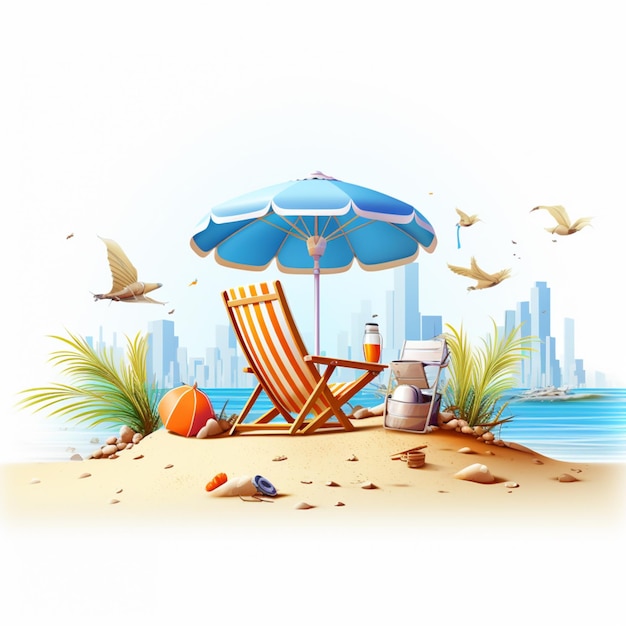 There is a beach chair and umbrella on the sand near the water generative ai