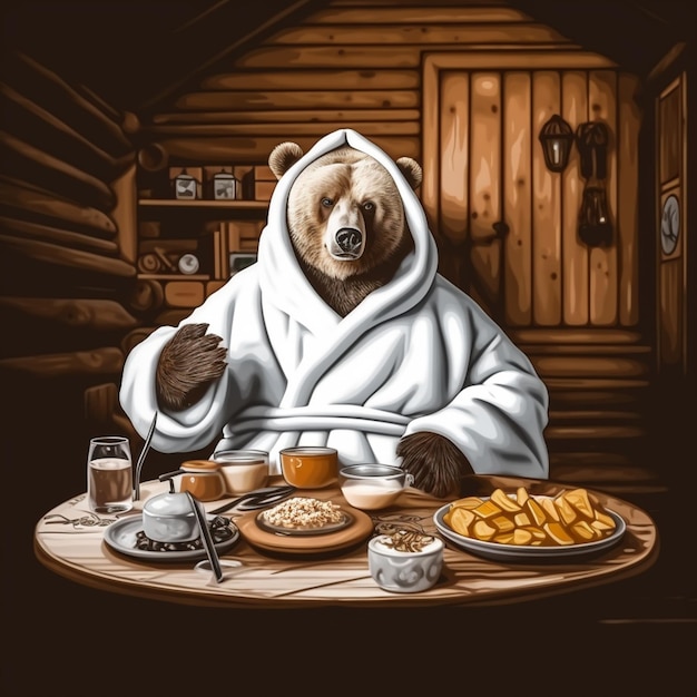 There is a bear that is sitting at a table with food generative ai