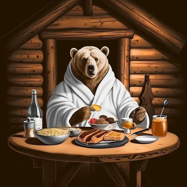 There is a bear that is sitting at a table with food generative ai