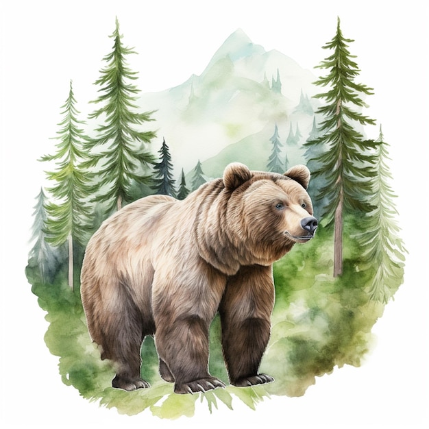 there is a bear that is standing in the grass near the trees generative ai