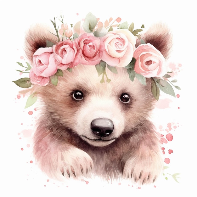 There is a bear with a flower crown on its head generative ai