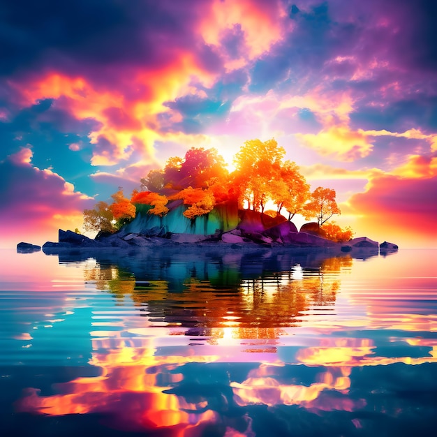 There is a beautiful magical island that is full of bright colorful trees This island is vibrant