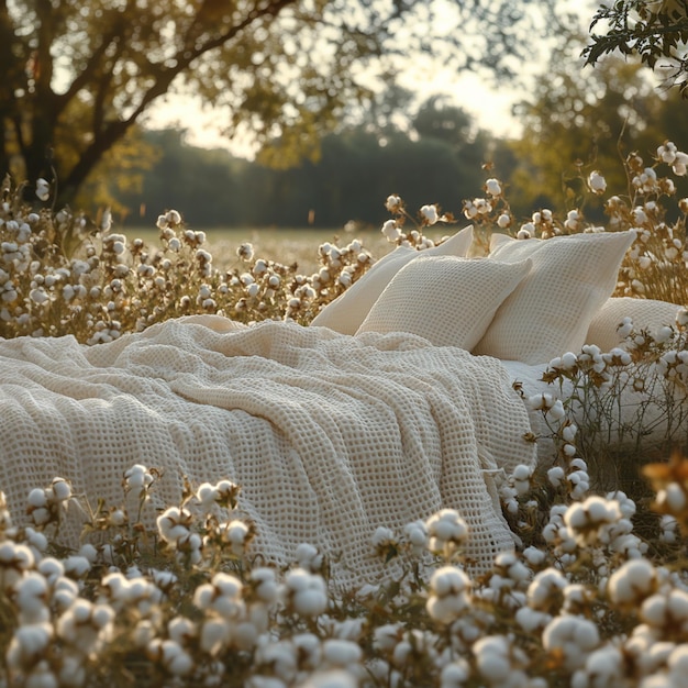 Photo there is a bed in a field of cotton with a blanket generative ai