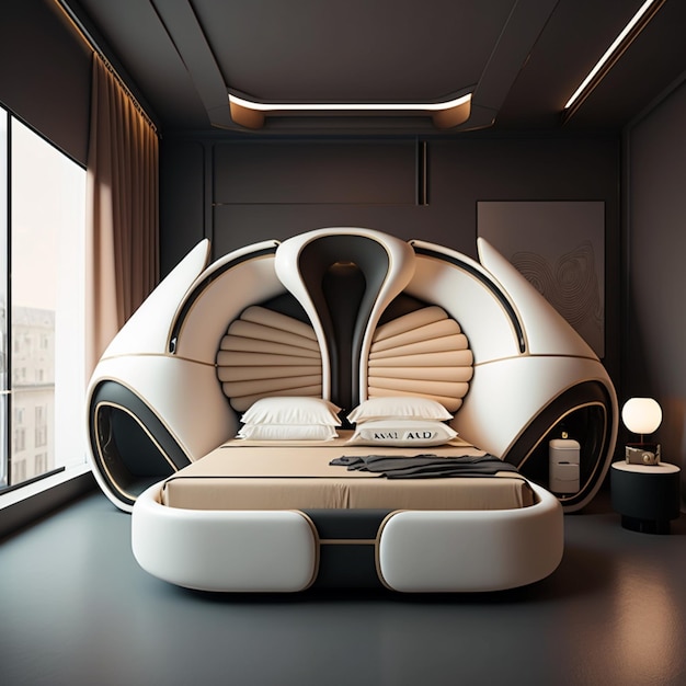 There is a bed with a futuristic design in a room generative ai