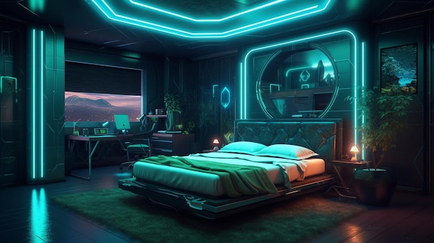 There is a bed with a green neon frame in a room generative ai