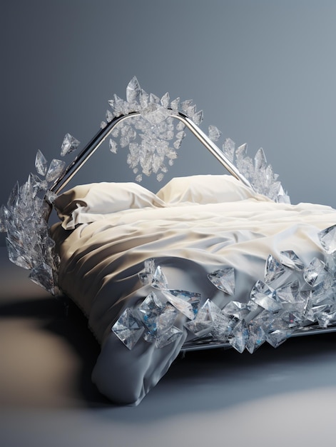 There is a bed with a metal frame and a white sheet generative ai