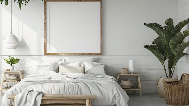 there is a bed with a white comforter and a wooden frame generative ai