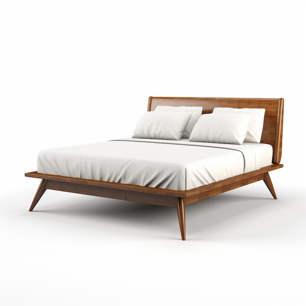 there is a bed with a wooden frame and white sheets generative ai