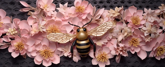 There is a bee that is sitting on some flowers generative ai