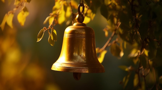 There is a bell hanging from a tree with leaves in the background generative ai