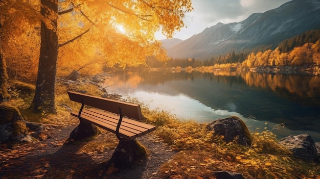 There is a bench sitting on the side of a lake generative ai