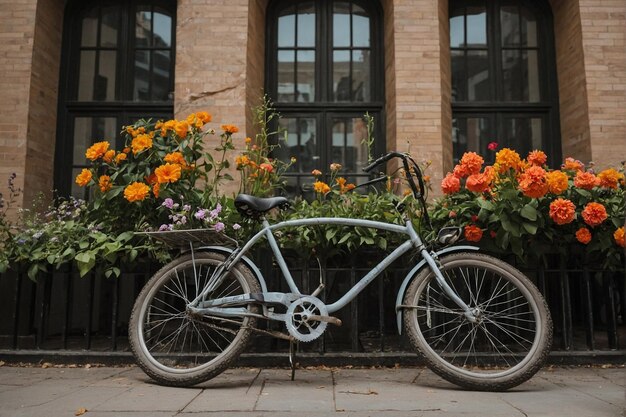 There is a bicycle parked in front of a building with a lot of flowers