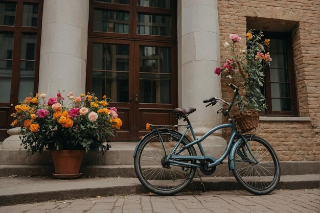 There is a bicycle parked in front of a building with a lot of flowers