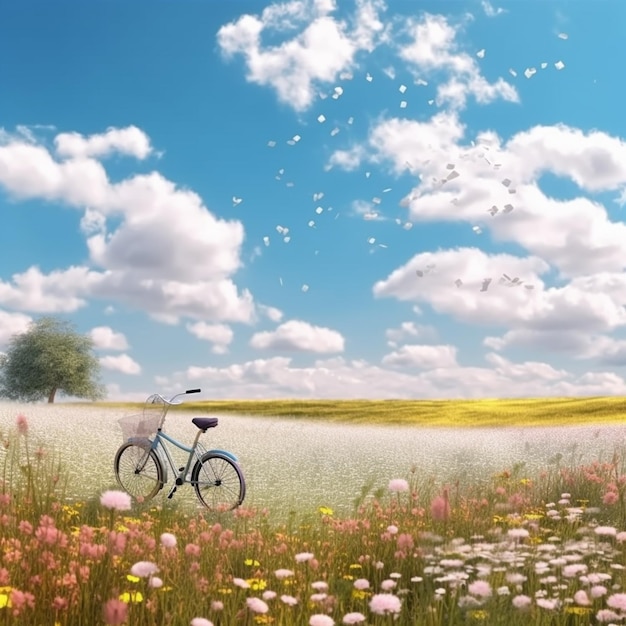 There is a bicycle that is parked in a field of flowers generative ai