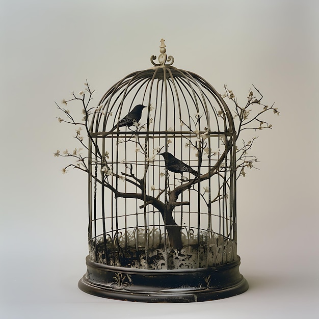 Photo there is a bird in a cage with a tree inside