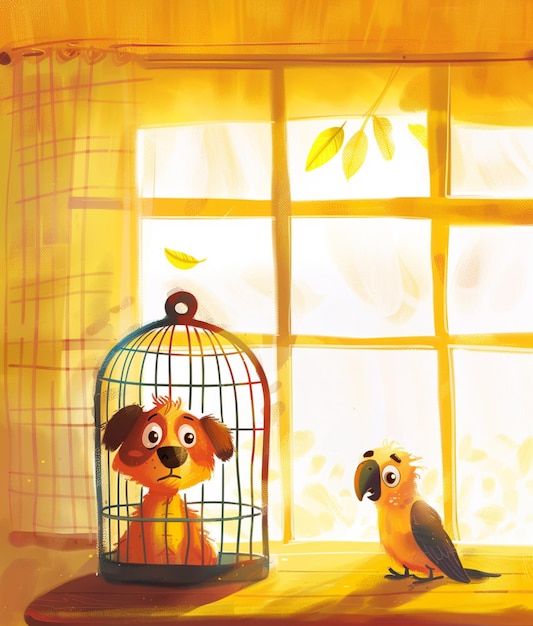 Photo there is a bird and a dog in a cage by a window generative ai