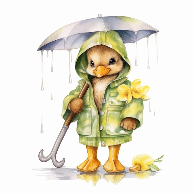 There is a bird in a raincoat holding an umbrella generative ai