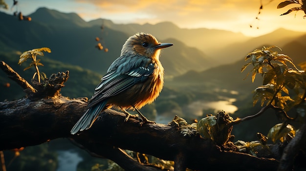 Photo there is a bird sitting on a branch in the mountains