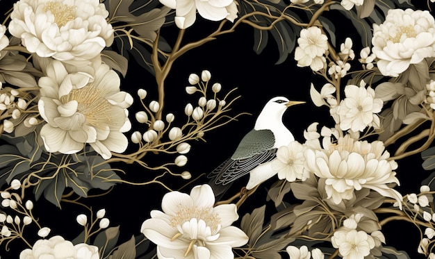 There is a bird sitting on a branch of a tree with flowers generative ai