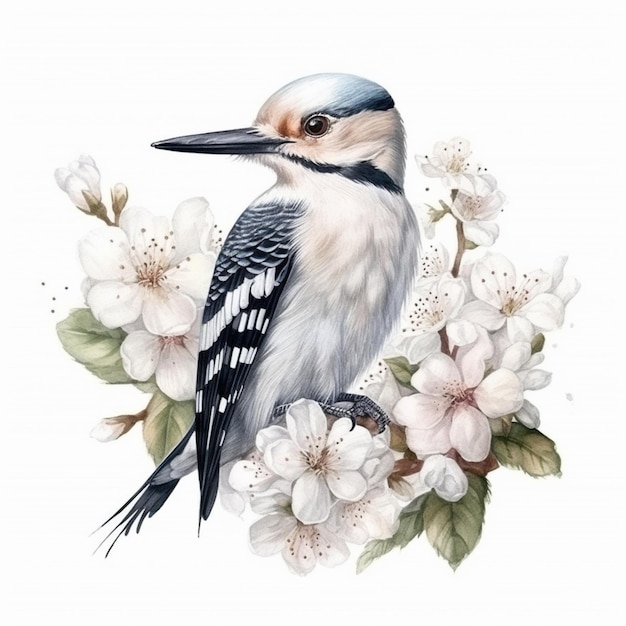 There is a bird sitting on a branch of a tree with flowers generative ai