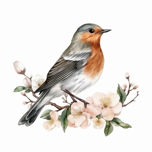 There is a bird sitting on a branch with flowers generative ai