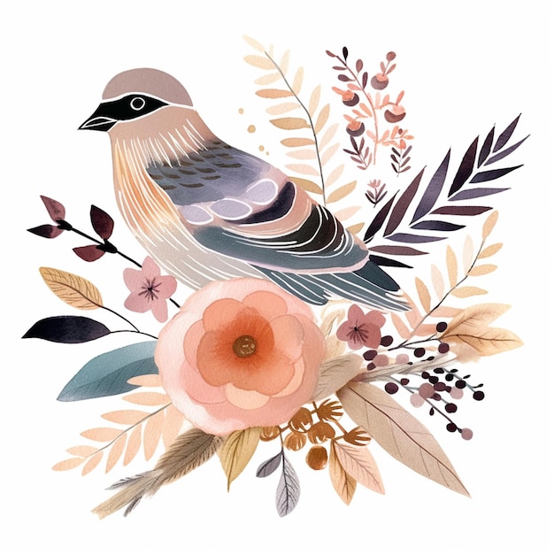 There is a bird sitting on a branch with flowers and leaves generative ai