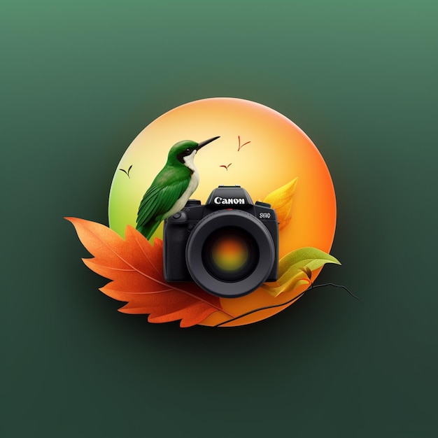 There is a bird sitting on a camera with a leaf generative ai